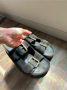 INTENTIONALLY BLANK Black Suede Double Buckle Platform Sandals
